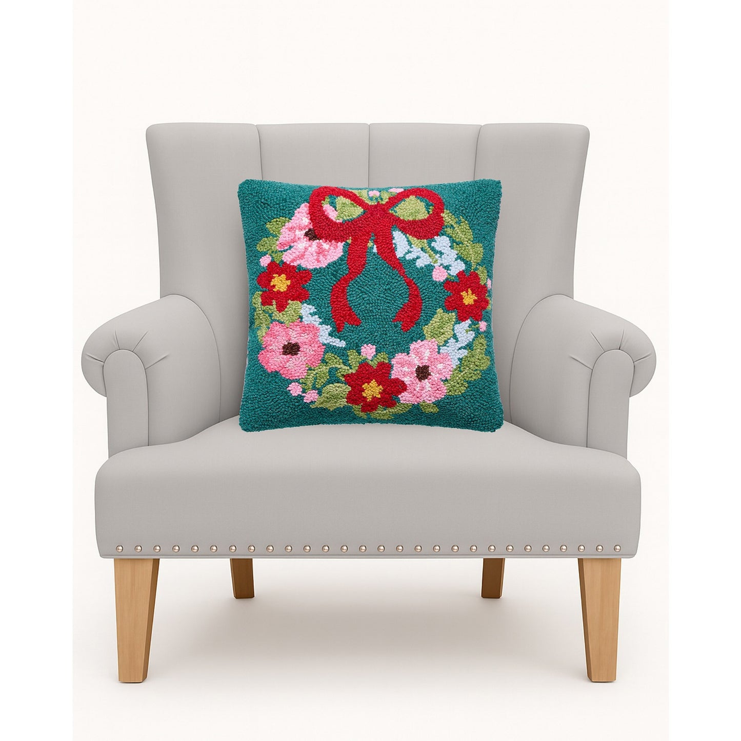 Green & Pink Wreath Hook Pillow Poly Filled