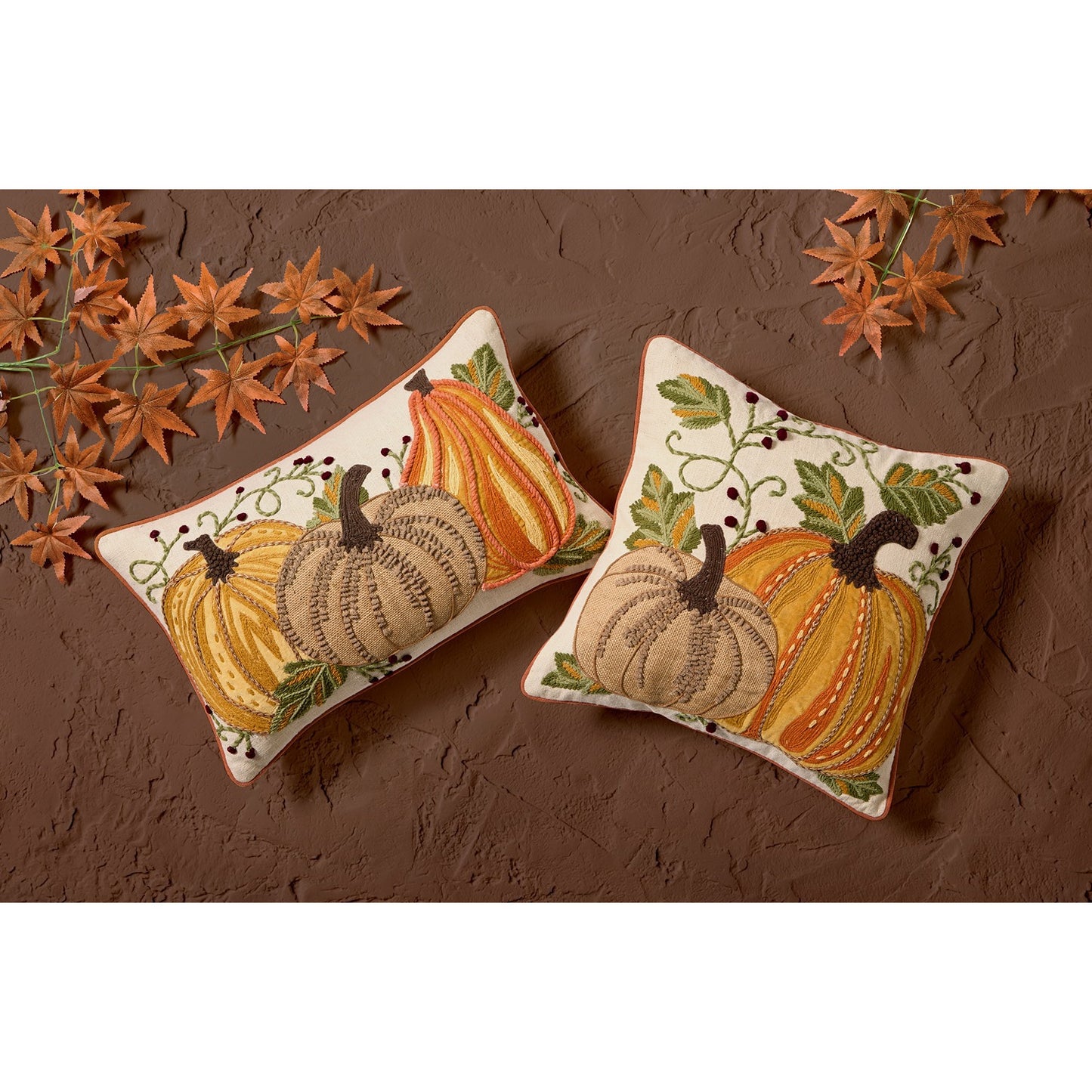 Harvest Pumpkin Trio Embroidered Pillow PolyFilled