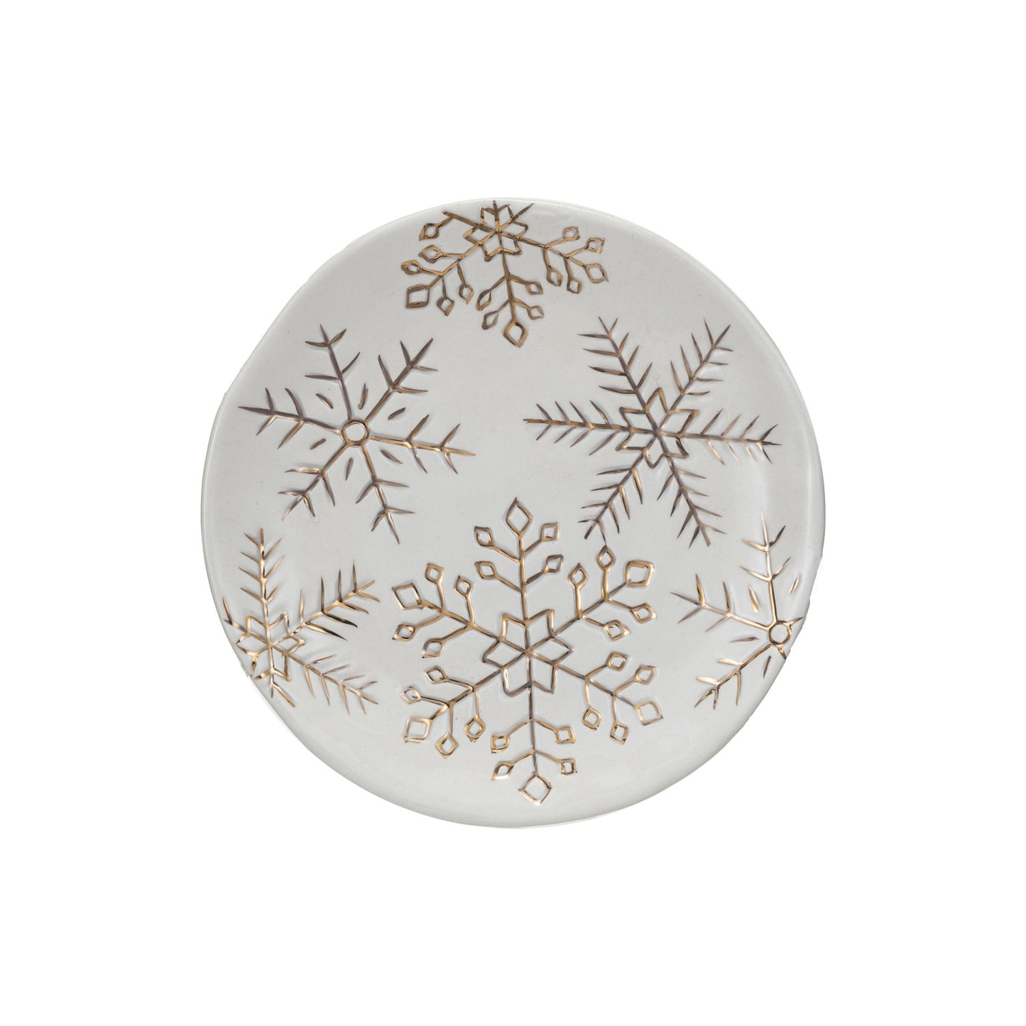 Stoneware Plate w/ Gold Electroplated Snowflakes, White