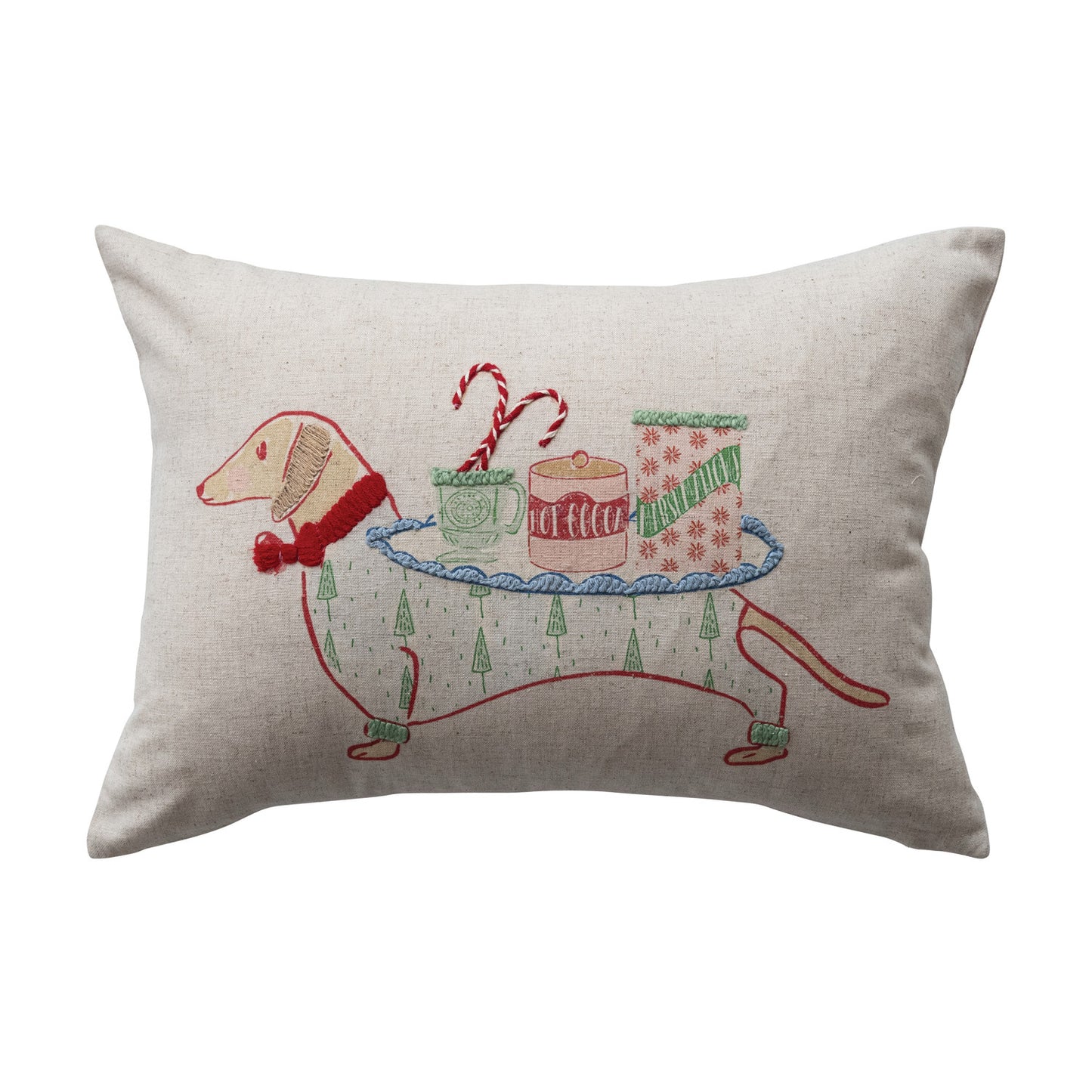 Lumbar Pillow with Embroidered Dachshund Image & Patterned Back ©
