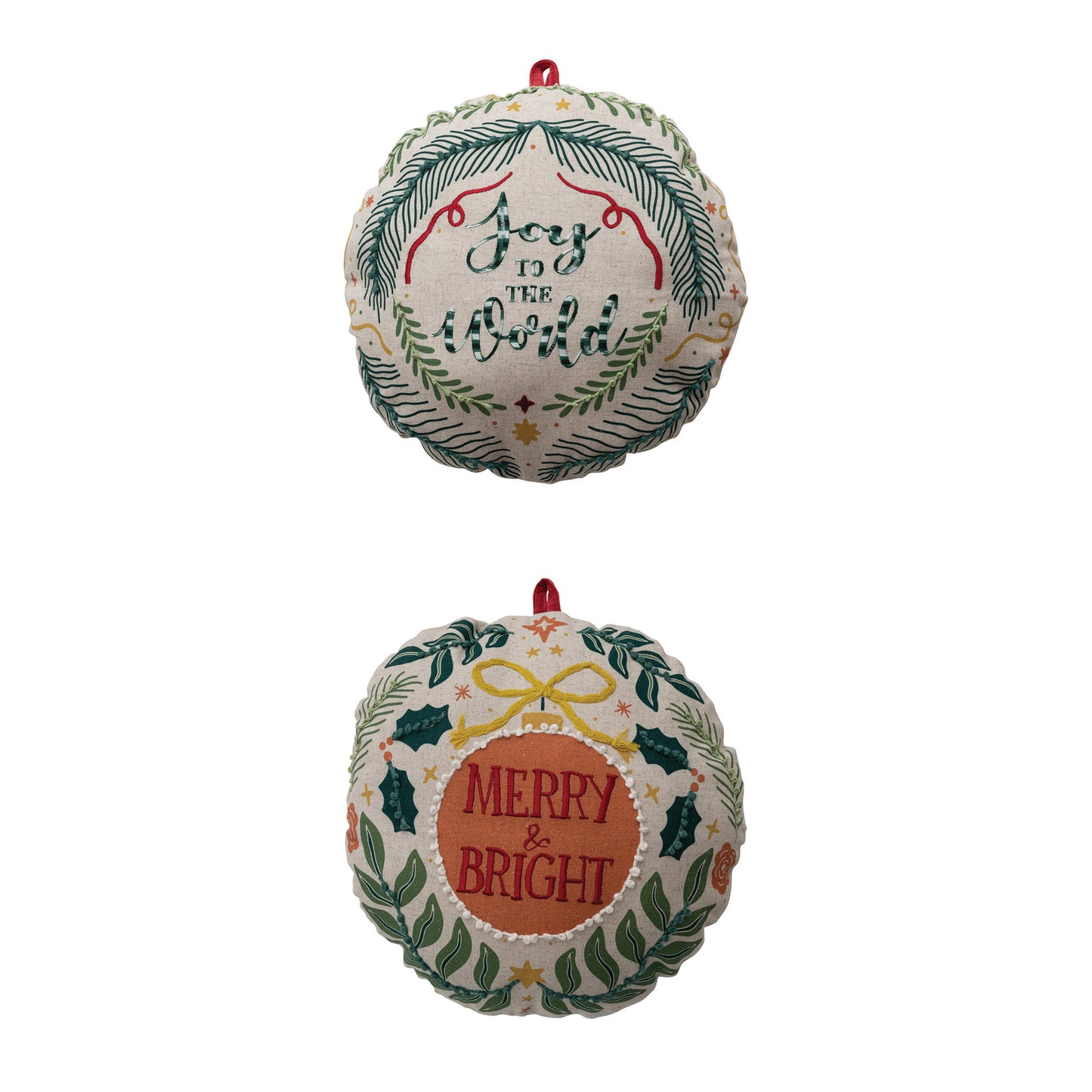 Ornament Shaped Pillow with Embroidery, Saying & Velvet Loop, 2 Styles