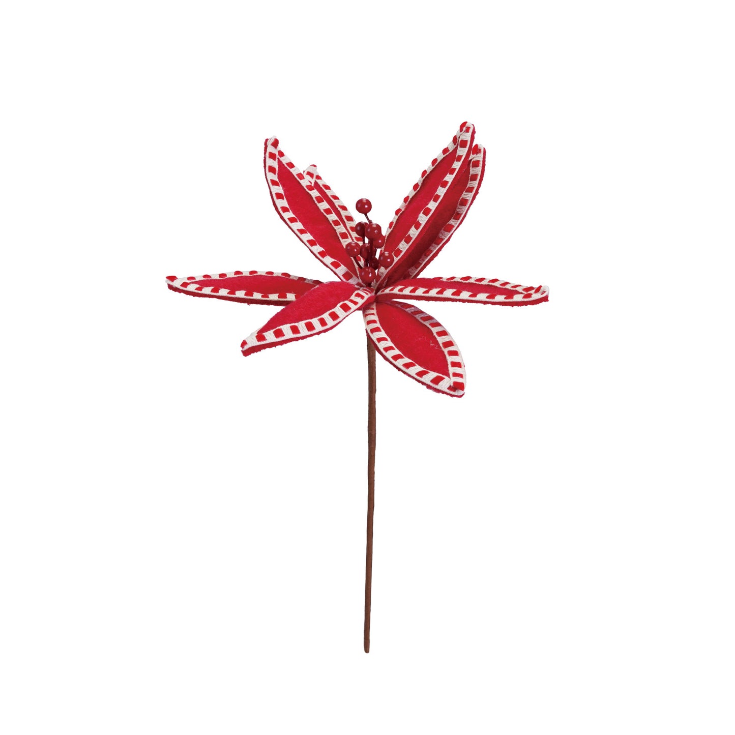 15"H Fabric Poinsettia Pick with Stitching, Red & Cream Color