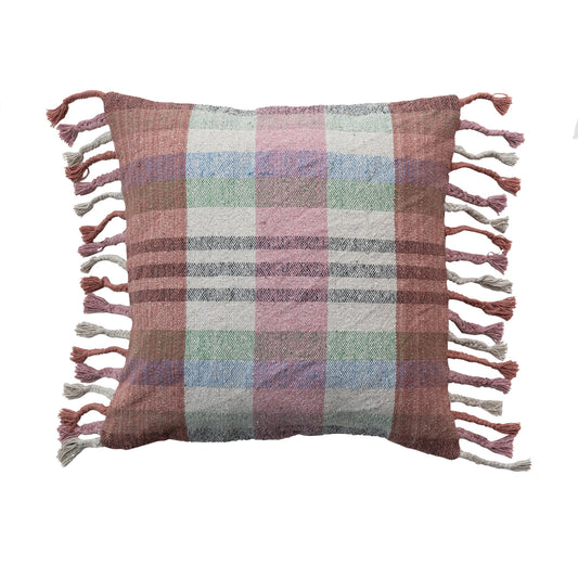 20" Square Woven Recycled Cotton Blend Pillow w/ Braided Fringe