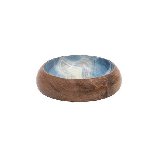 Enameled Acacia Wood Bowl, Marbled Blue & Natural