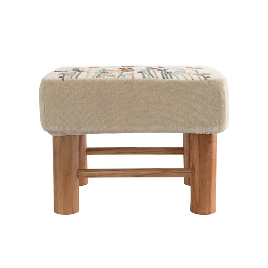 Cotton Upholstered Stool with Floral Embroidery and Pine Wood Legs