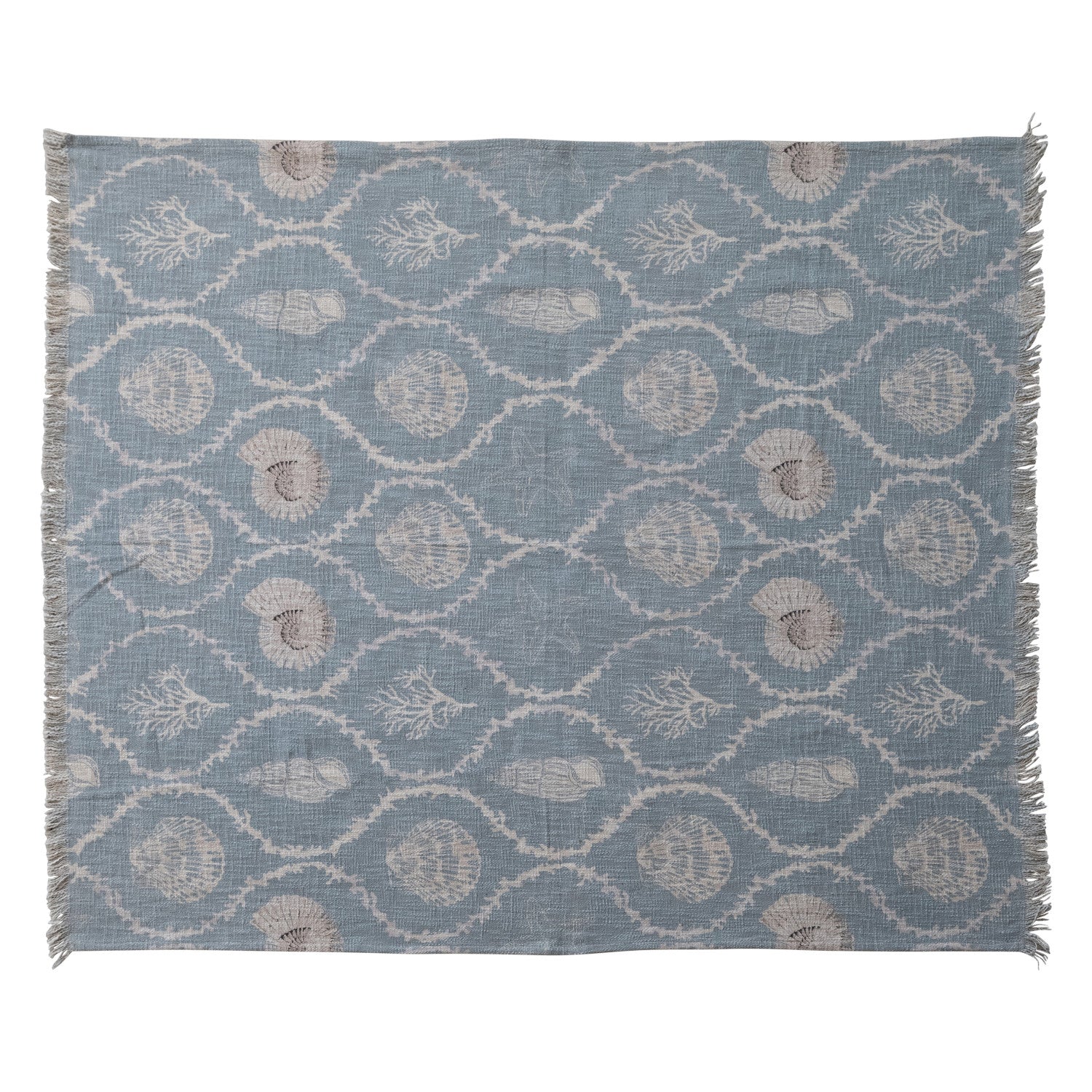 Cotton Slub Throw with Coral & Shells Ogee Pattern, Blue & Natural