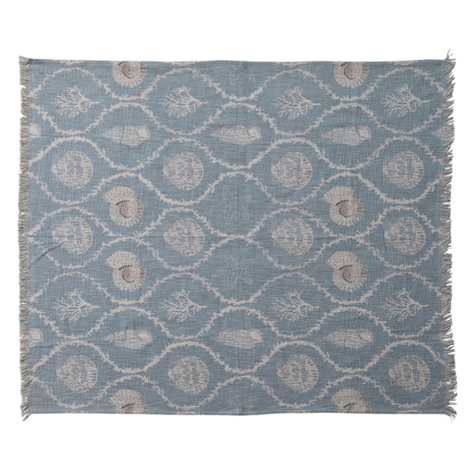Cotton Slub Throw with Coral & Shells Ogee Pattern, Blue & Natural