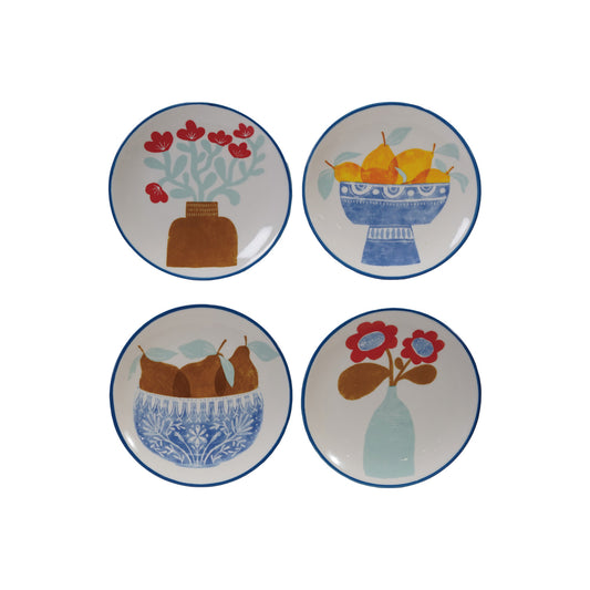 Stoneware Plate with Fruit/Flower Image & Blue Rim, 4 Styles ©