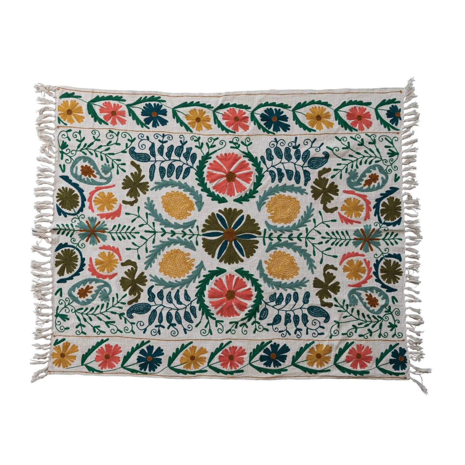 Cotton Slub Embroidered Throw with Suzani Pattern & Tassels