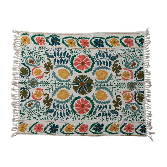 Cotton Slub Embroidered Throw with Suzani Pattern & Tassels