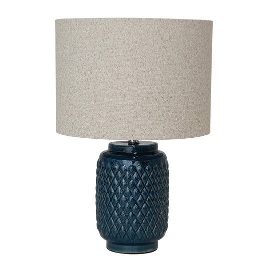 Embossed Ceramic Table Lamp w/ Linen Shade & Inline Switch (Each One Will Vary)