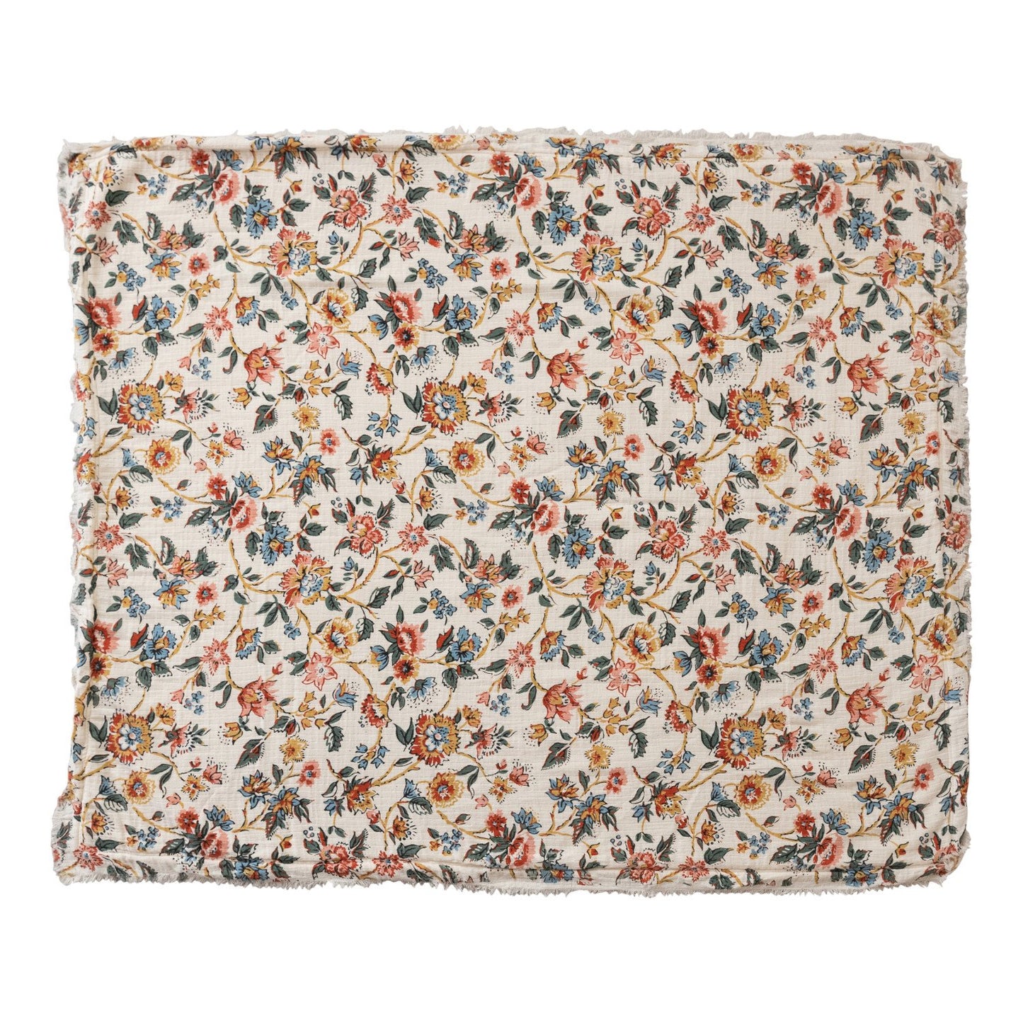 Woven Cotton Printed Throw w/ Sherpa Back, Flower Pattern & Fringe