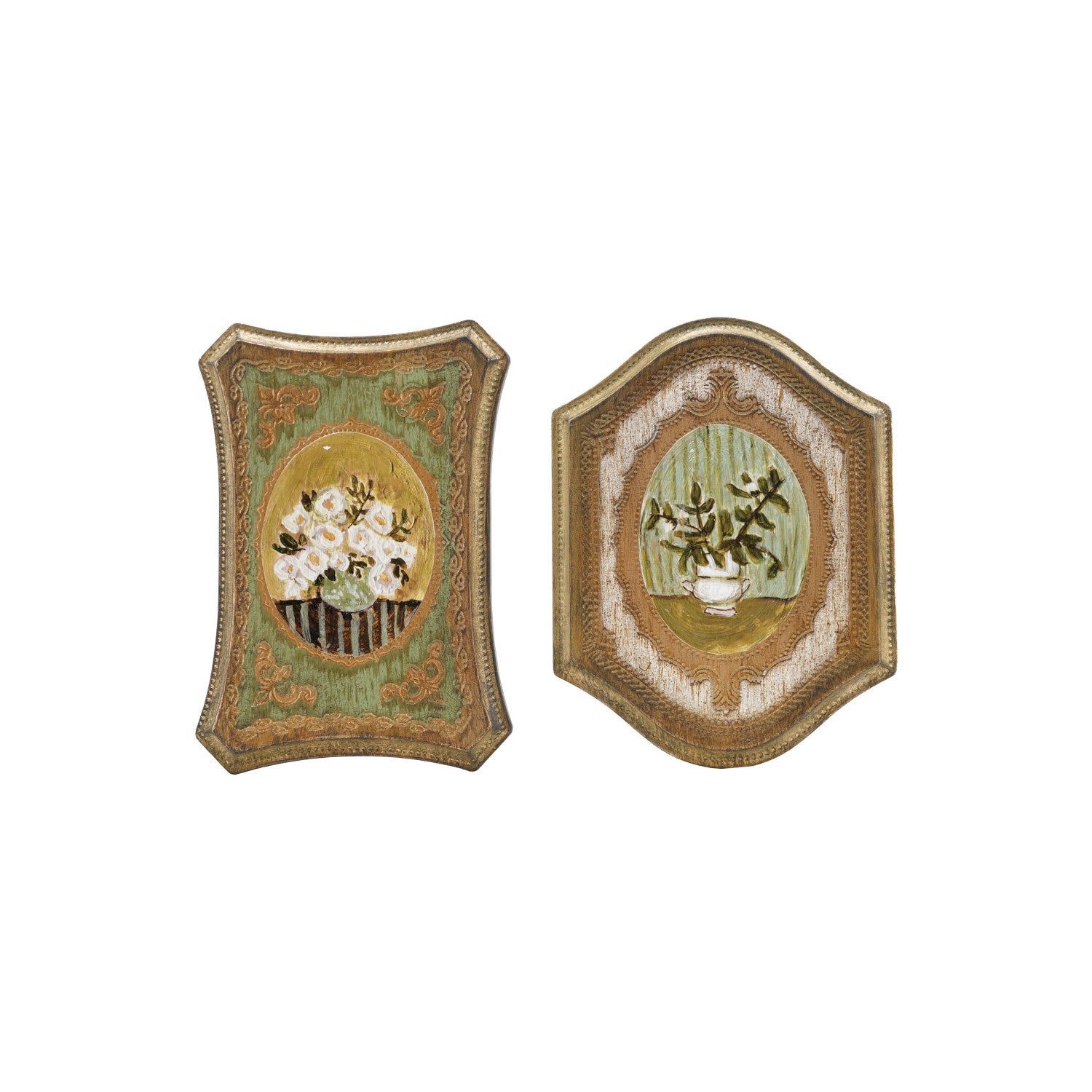 MDF Wall Décor w/ Flowers in Vase, Antique Gold Finish & Multi Color, 2 Styles ©