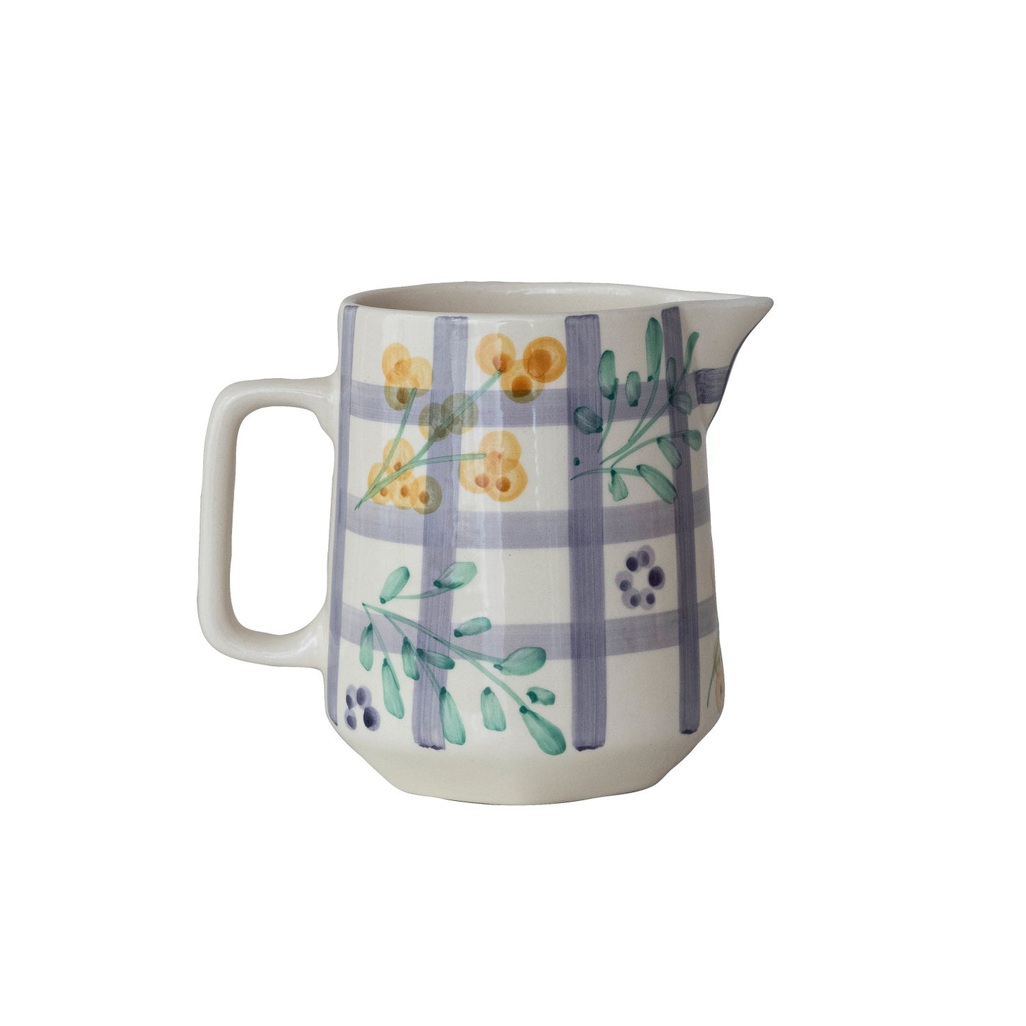 32 oz. Hand-Painted Stoneware Pitcher with Grid Pattern & Botanicals (Each One Will Vary)
