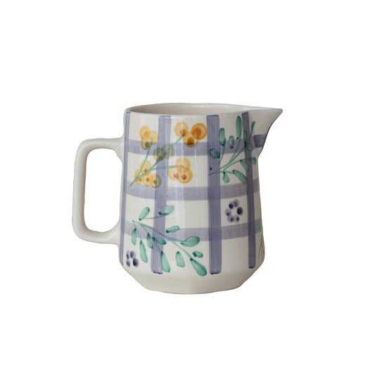 32 oz. Hand-Painted Stoneware Pitcher with Grid Pattern & Botanicals (Each One Will Vary)