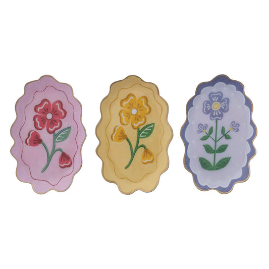 6-1/4"L x 4"W Enameled Metal Scalloped Tray with Flower & Gold Edge, 3 Styles ©
