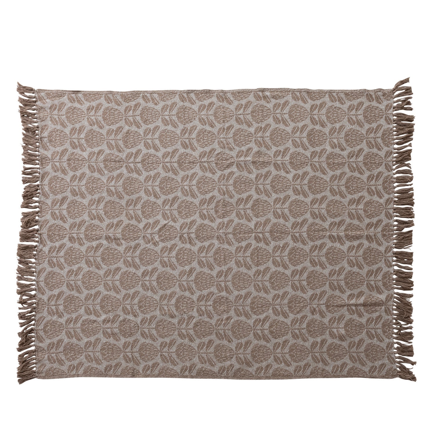 60"L x 50"W Woven Recycled Cotton Blend Jacquard Throw with Floral Pattern & Fringe