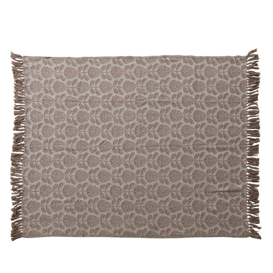 60"L x 50"W Woven Recycled Cotton Blend Jacquard Throw with Floral Pattern & Fringe