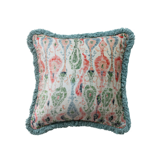 12" Square Cotton Velvet Pillow with Pattern & Eyelash Fringe