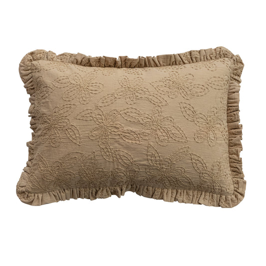 Woven Cotton Lumbar Pillow with Hand-Embroidered Kantha Stitch Flowers & Ruffle, Beige