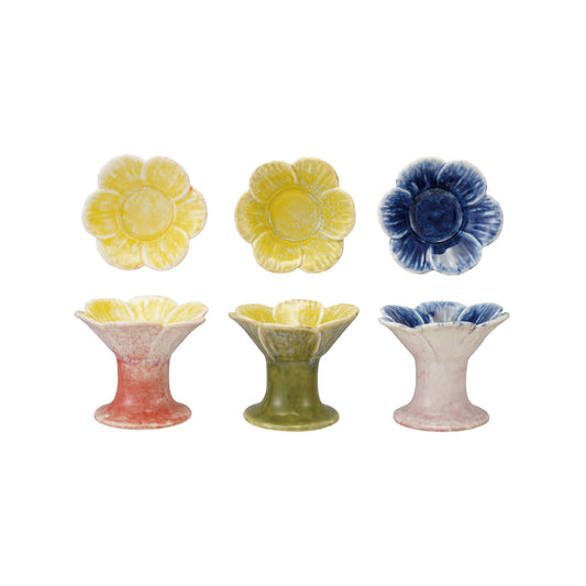 Stoneware Flower Shaped Footed Tealight Holder, 3 Styles (Each One Will Vary)