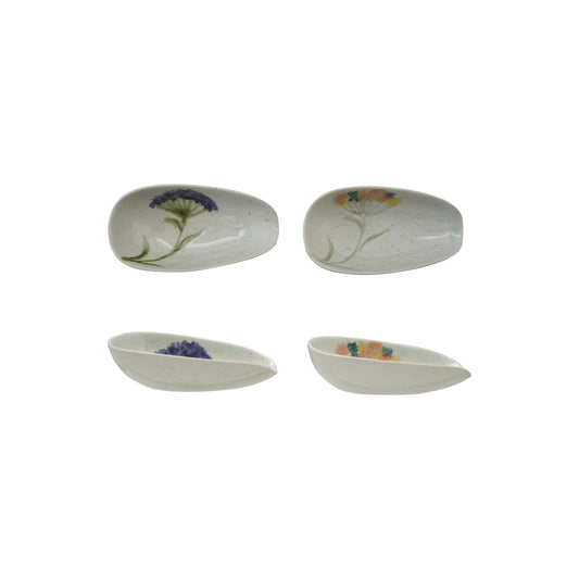Hand-Painted Stoneware Dish with Flowers, 2 Styles (Each One Will Vary)
