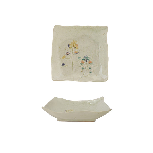 Hand-Painted Stoneware Organic Shaped Plate with Flowers (Each One Will Vary)