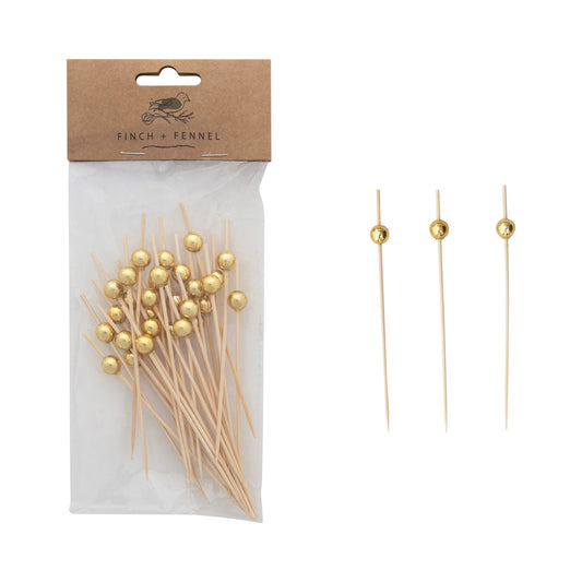 Bamboo Single Use Picks w/ Ball Handles, Natural & Gold Finish, Set of 50