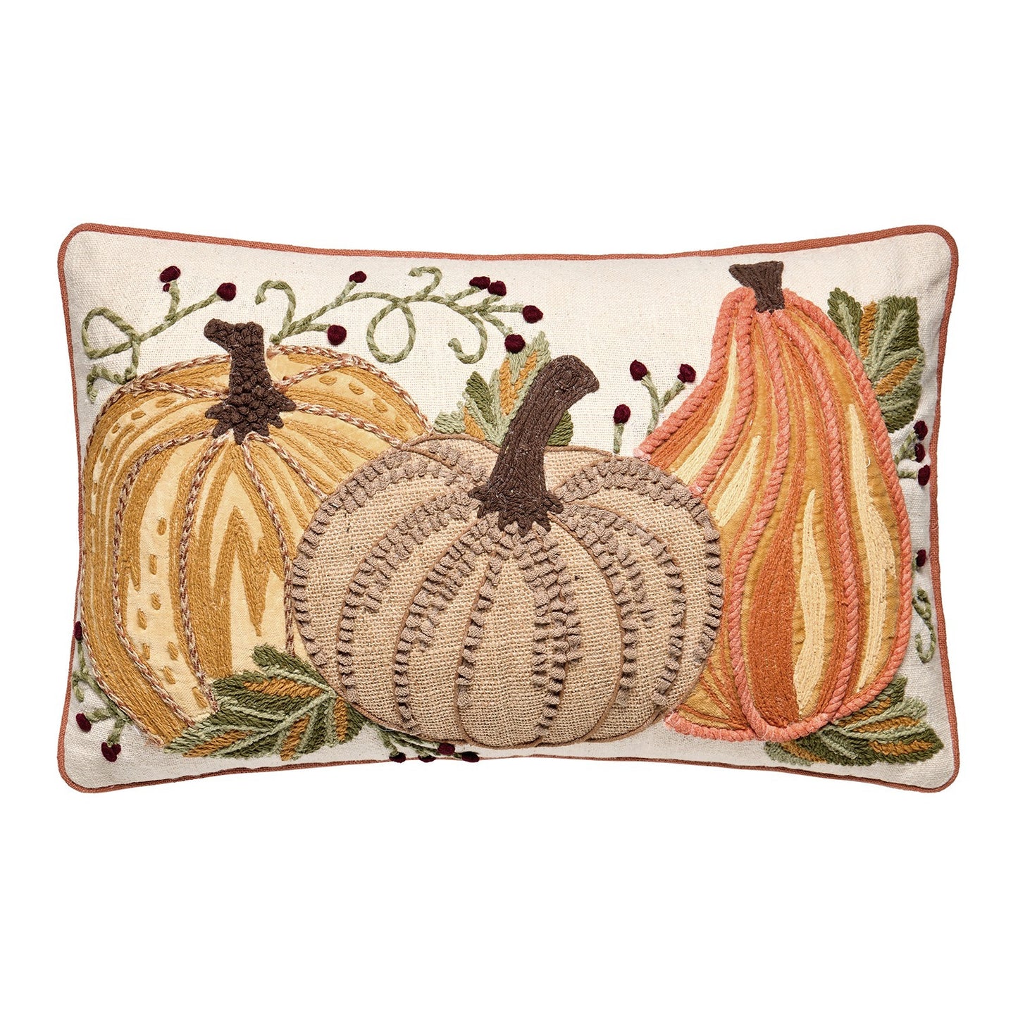 Harvest Pumpkin Trio Embroidered Pillow PolyFilled