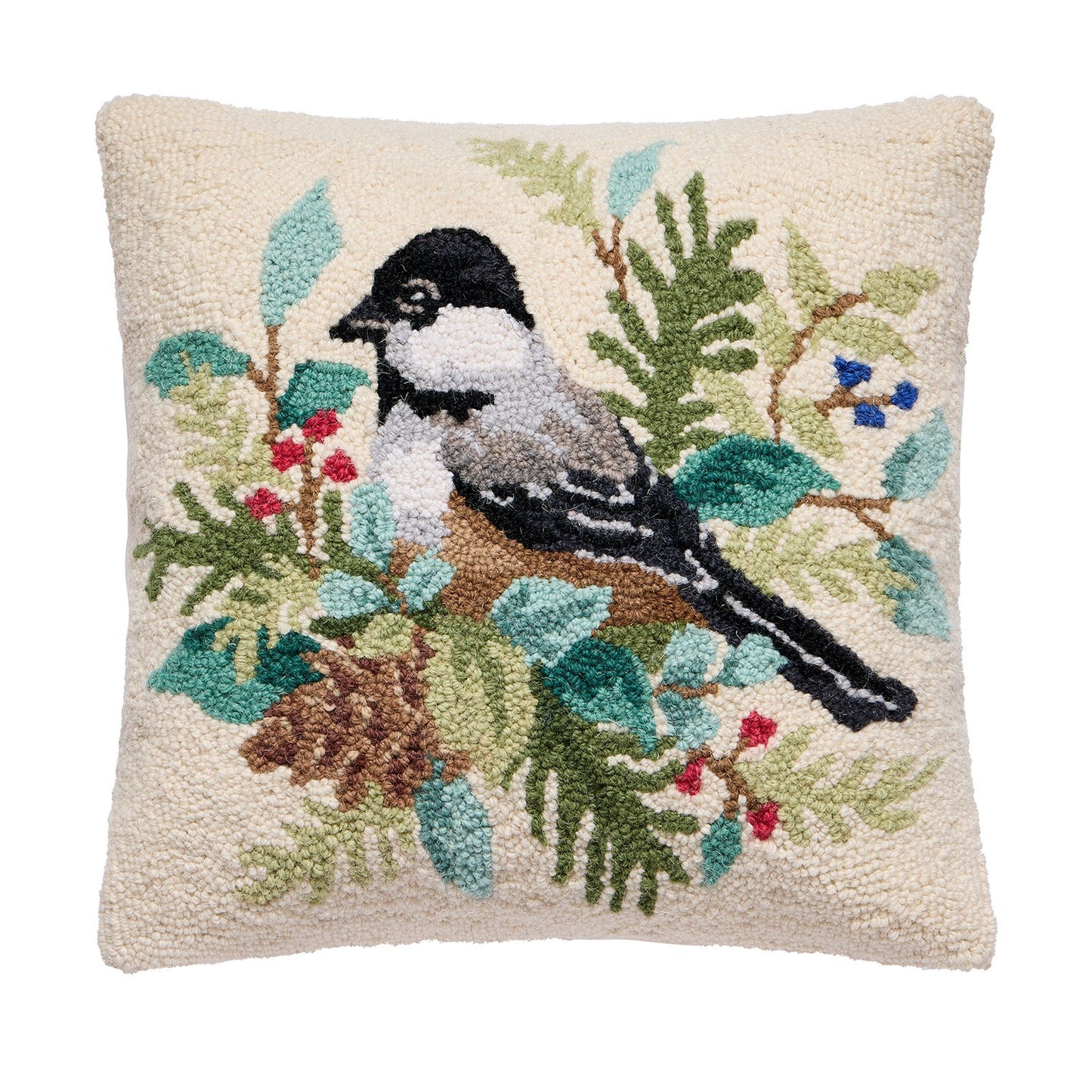Holiday Chickadee Hook Pillow Poly Filled