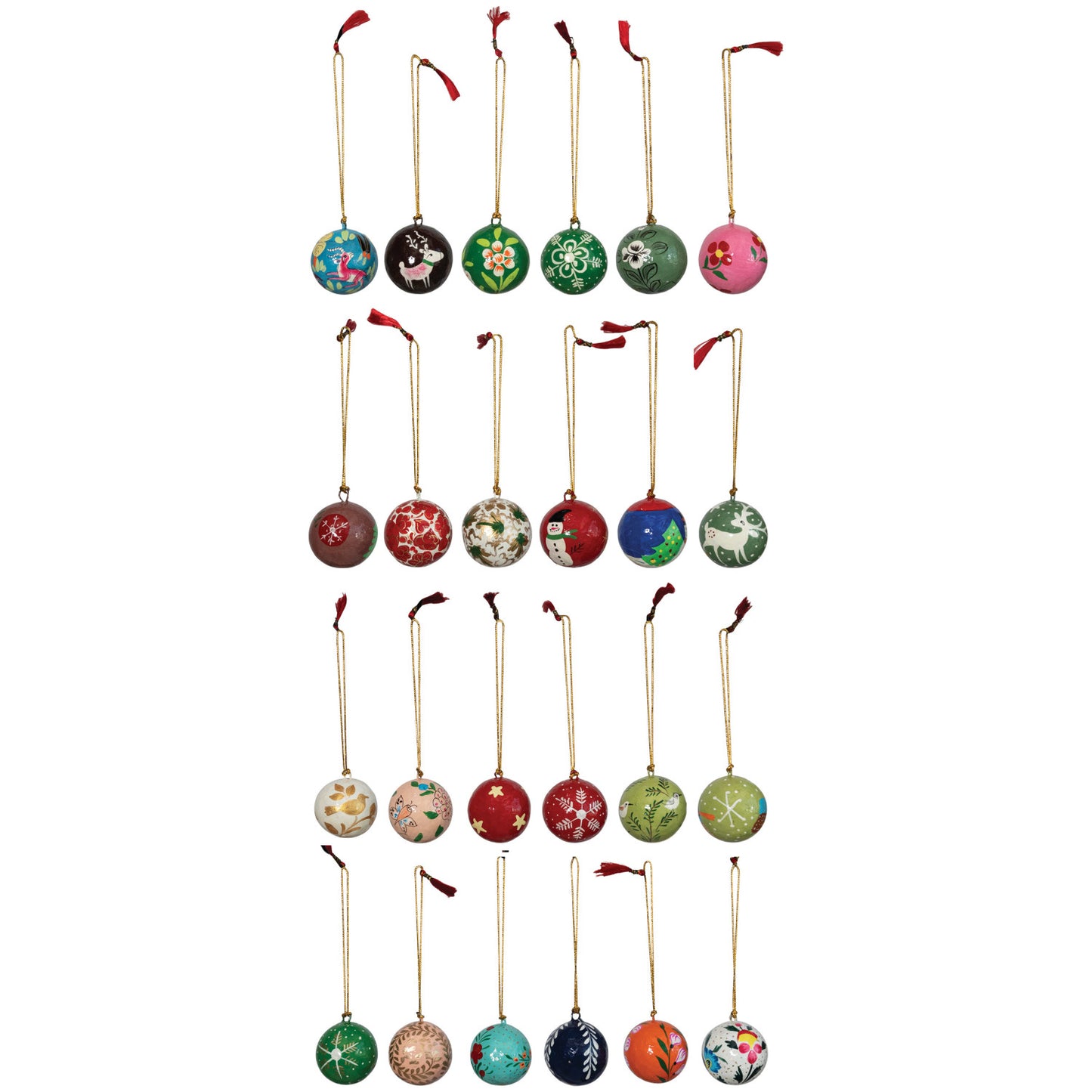 1" Round Hand-Painted Paper Mache Ball Ornaments in Egg Crate, Multi Color, Set of 24