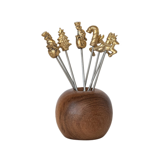 Mango Wood Holder with (8) Appetizer Picks, Set of 9