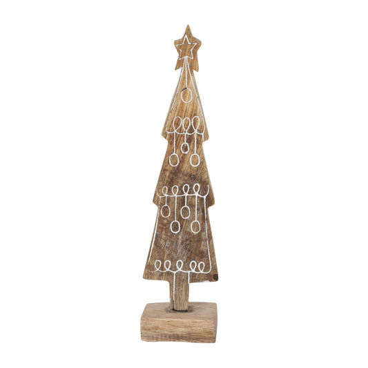 Hand-Carved Mango Wood Tree with Star & Design, Whitewashed