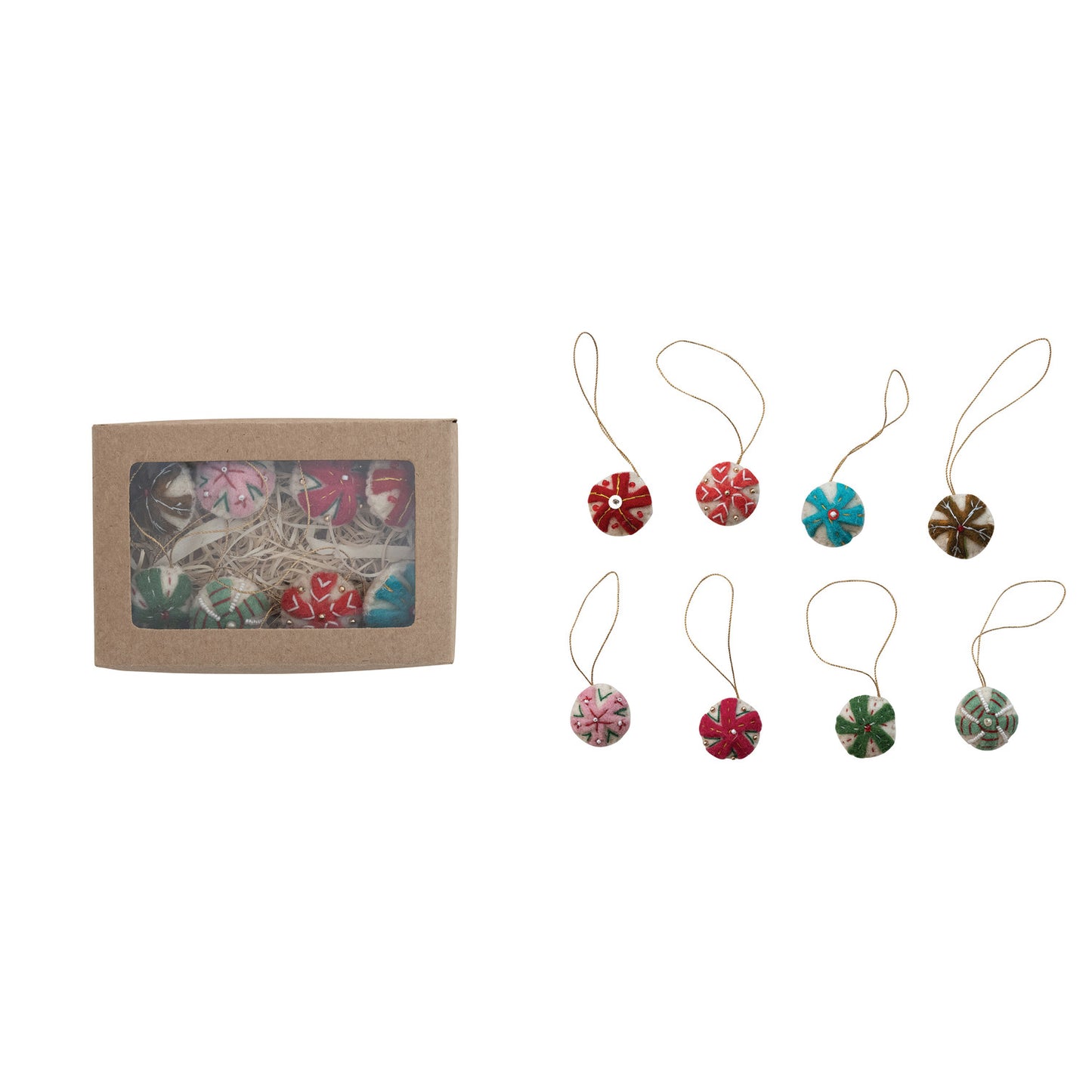 Handmade Wool Felt Candy Ornaments with Embroidery, Boxed Set of 8