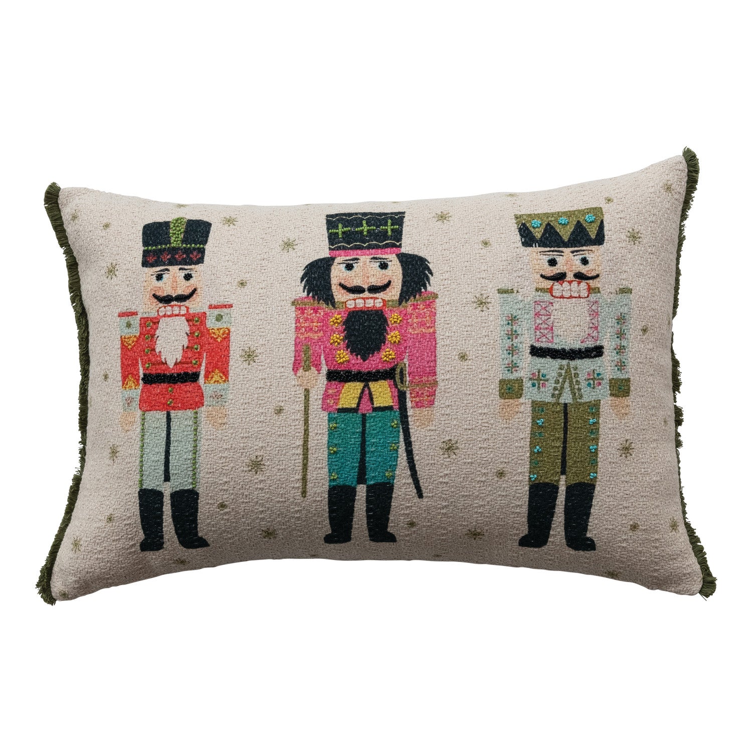 Cotton Slub Printed Lumbar Pillow with Eyelash Fringe