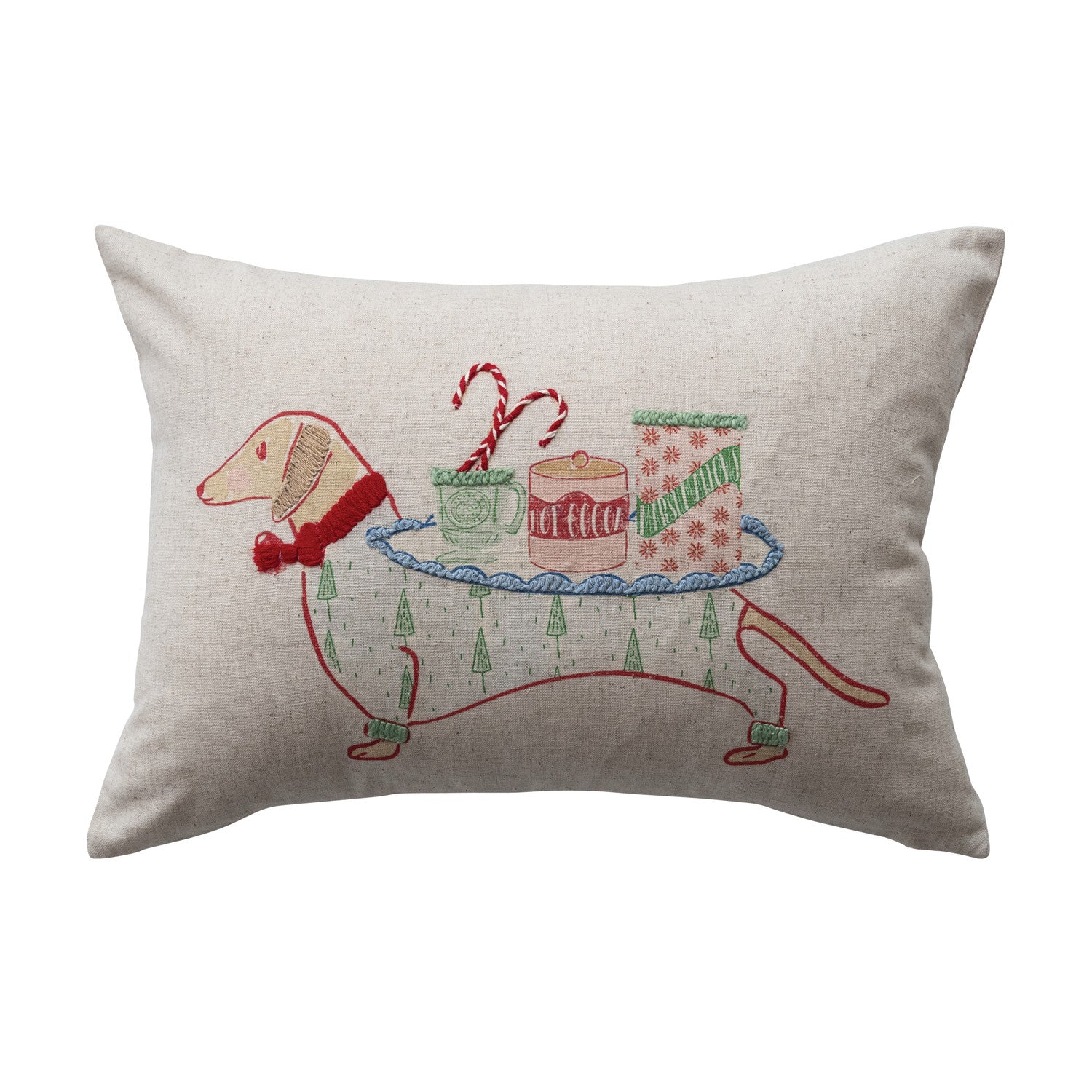 Lumbar Pillow with Embroidered Dachshund Image & Patterned Back ©