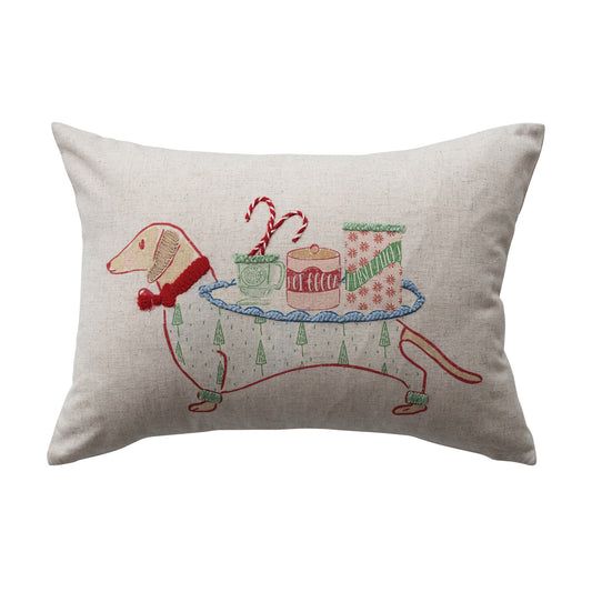 Lumbar Pillow with Embroidered Dachshund Image & Patterned Back ©
