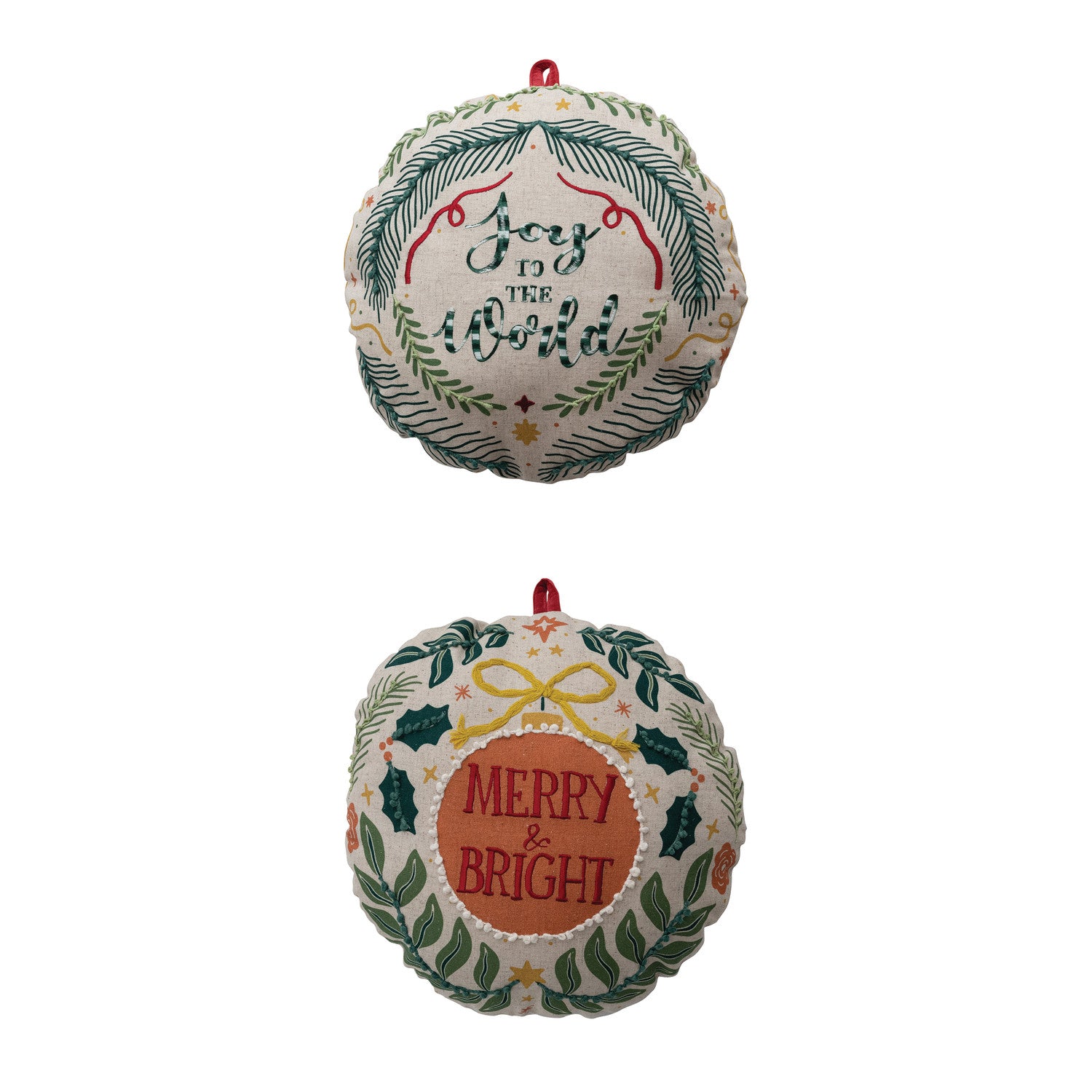 Ornament Shaped Pillow with Embroidery, Saying & Velvet Loop, 2 Styles