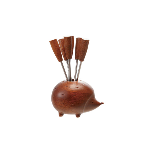 Wood Hedgehog Shaped Holder with (6) Appetizer Picks, Set of 7